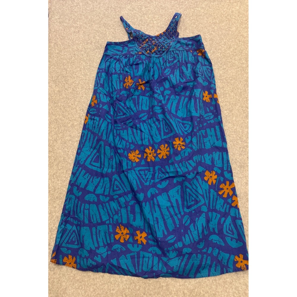 Bill Tice Vintage Blue Abstract Batik Lattice Neck Maxi Dress Womens Small USA